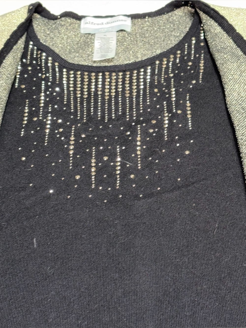 Alfred Dunner Black Sweater with Gold-Accent Sleeves and Embellished Neck